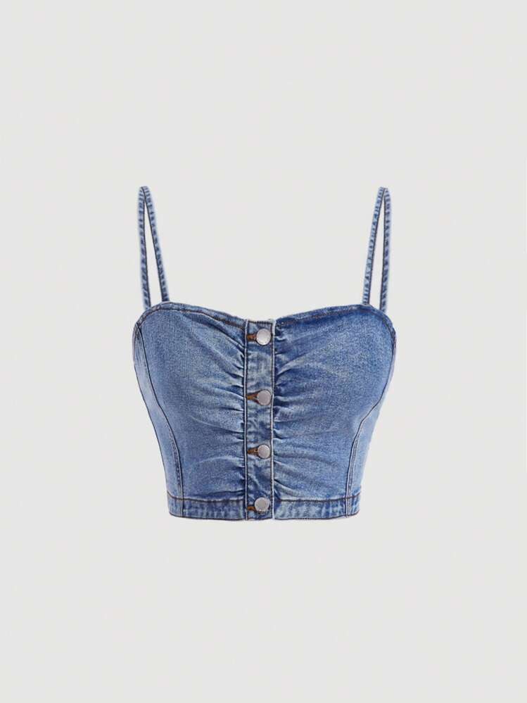 SHEIN MOD Button Front Ruched Cami Denim Top | SHEIN