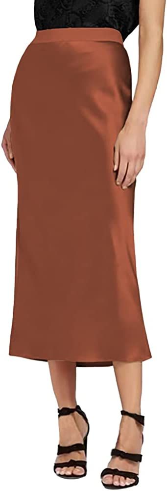 Ms.Jasmine Silk Satin Skirts for Women Midi Simple High Elastic Waist Swing Casual Dresses J02 | Amazon (US)