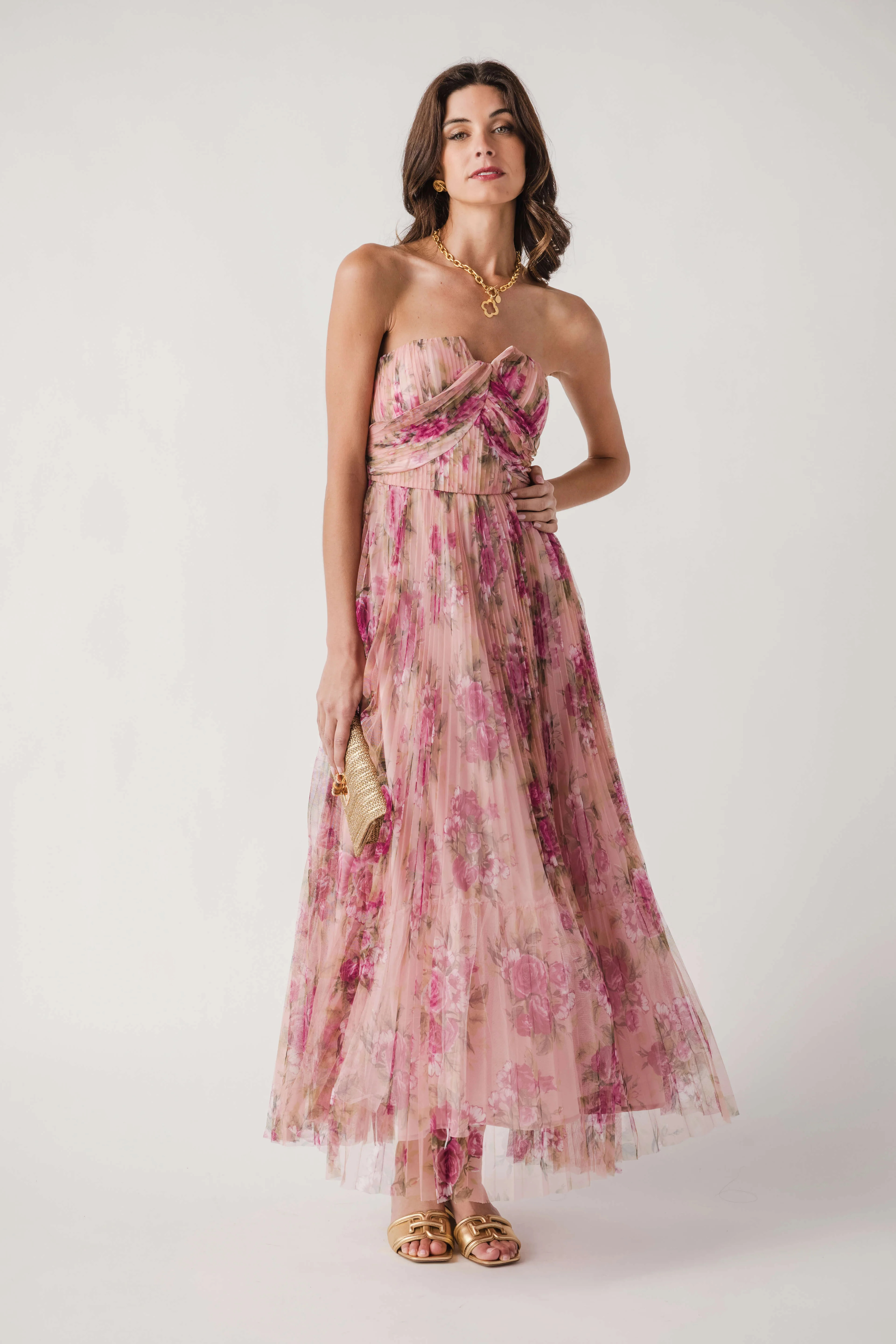 Fate Floral Print Mesh Pleated Maxi Dress | Social Threads