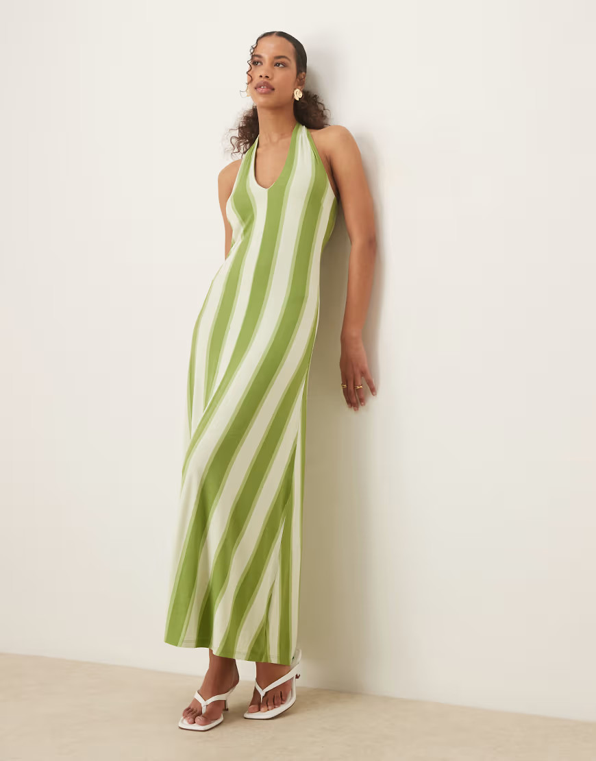 ASOS DESIGN halter maxi dress in green stripe-Multi | ASOS (Global)