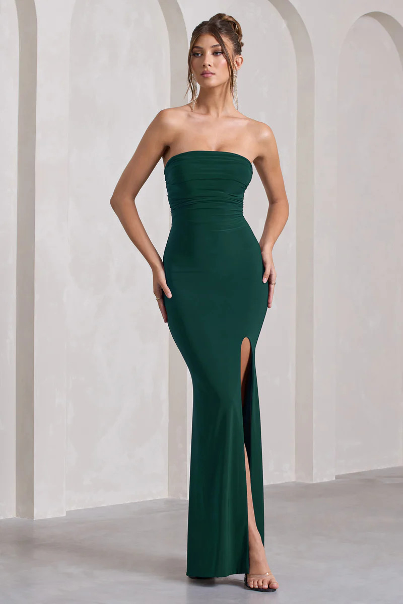 Midnight Calling | Bottle Green Bandeau Split Lace-Up Maxi Dress | Club L London