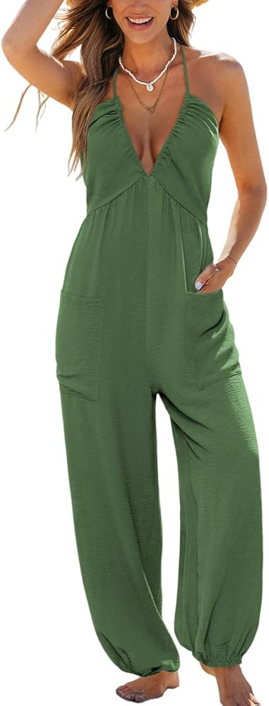 CUPSHE Womens Maxi One Piece Jumpsuit Plunging V Neck Sleeveless Casual Outfit Beach Overall Vaca... | Amazon (US)