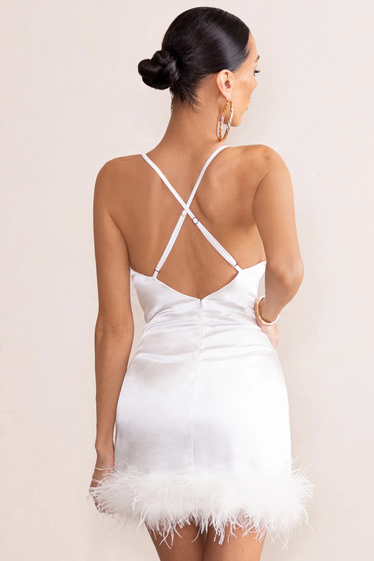 Members Only | White Satin Feather Trim Mini Dress | Club L London
