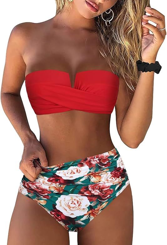 Hilor Bandeau Two Piece Bathing Suits for Women with Strap Retro High Waisted Swimsuits Sexy Push... | Amazon (US)