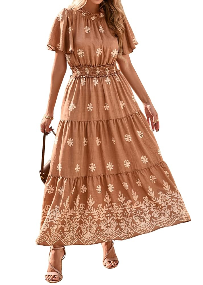 KIRUNDO Maxi Dresses for Women 2025 Floral Short Sleeve Spring Summer Smocked Waist Round Neck Fl... | Amazon (US)