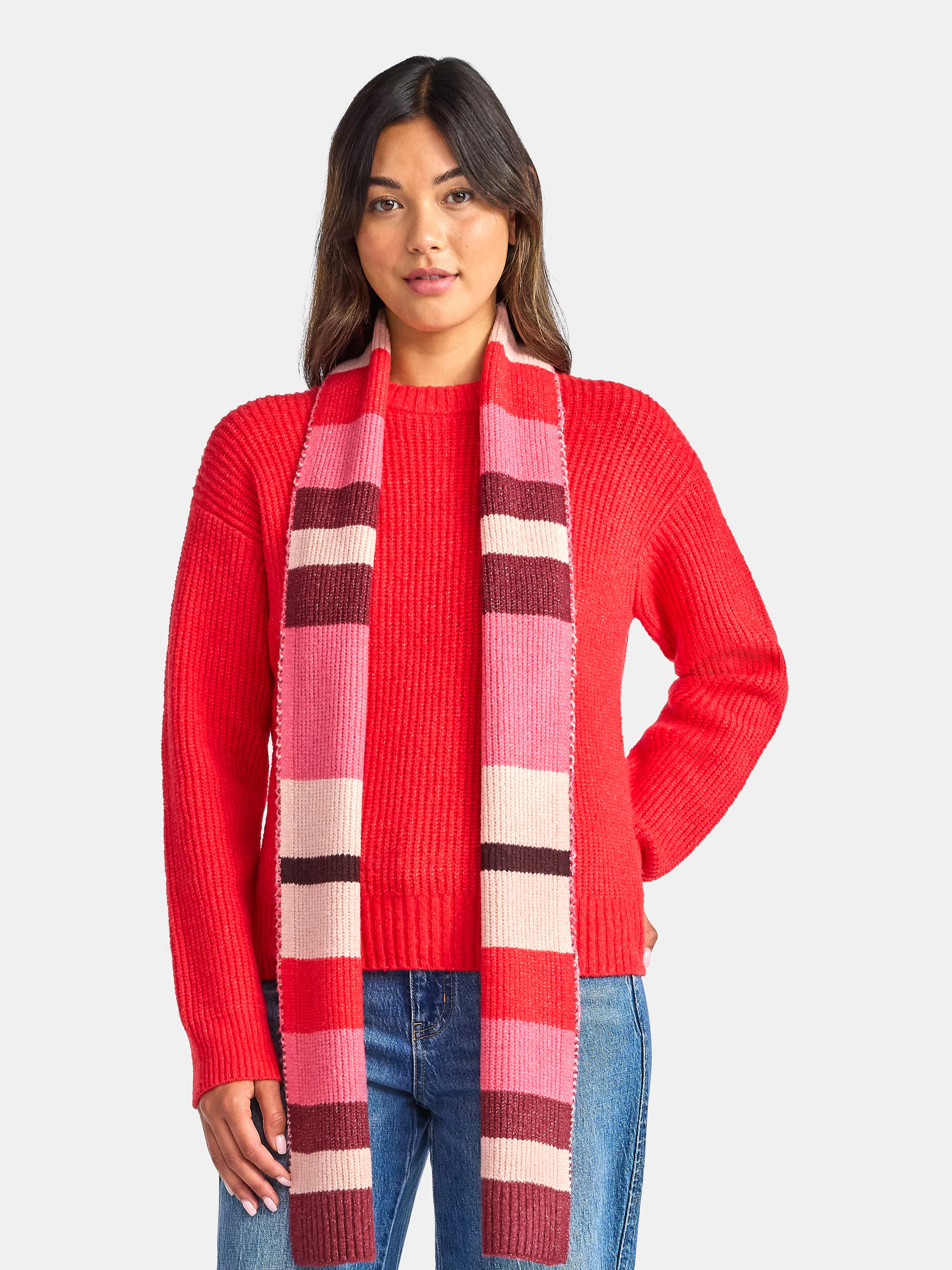 Time and Tru Women's Ribbed Crewneck Sweater and Stripe Scarf Set, 2-Piece, Sizes XS-XXXL - Walma... | Walmart (US)