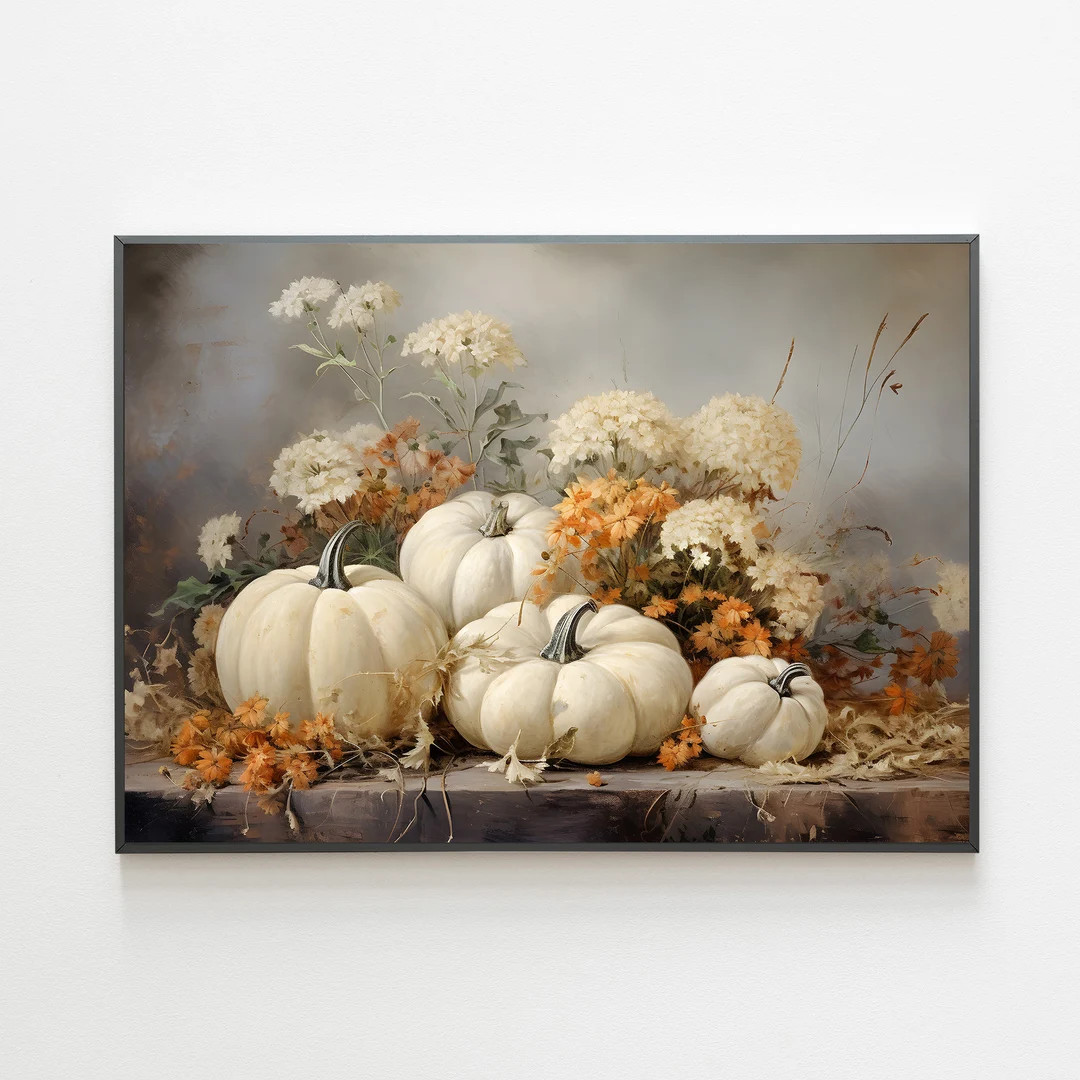 Harvest Fall Print, White Pumpkin Wall Art, Pastel Pumpkins Print, Moody Still Life Painting, Rus... | Etsy (US)
