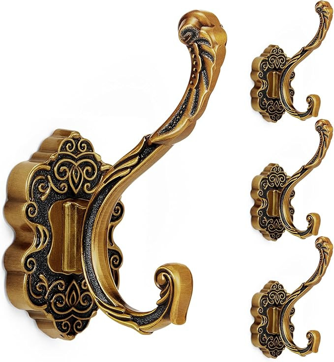 Zonon 4 Pcs Antique Gold Wall Hooks Set Vintage Coat & Towel Hooks for Entryway, Bathroom, Bedroo... | Amazon (US)