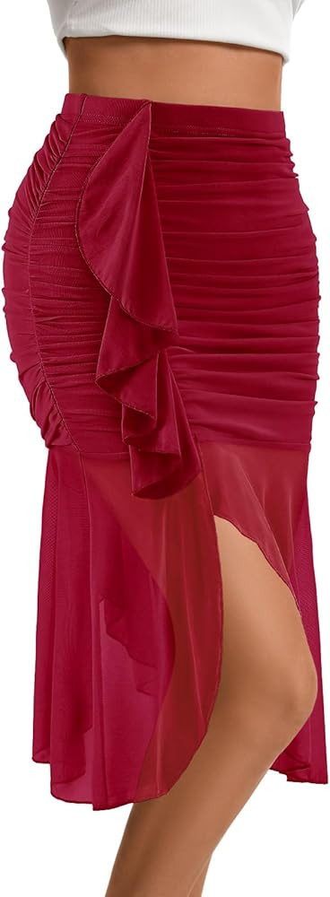 DRESSTELLS Asymmetrical Stretchy Mesh Skirt, 2025 Ruched Bodycon High Waisted Flowy Wrap Skirts | Amazon (US)