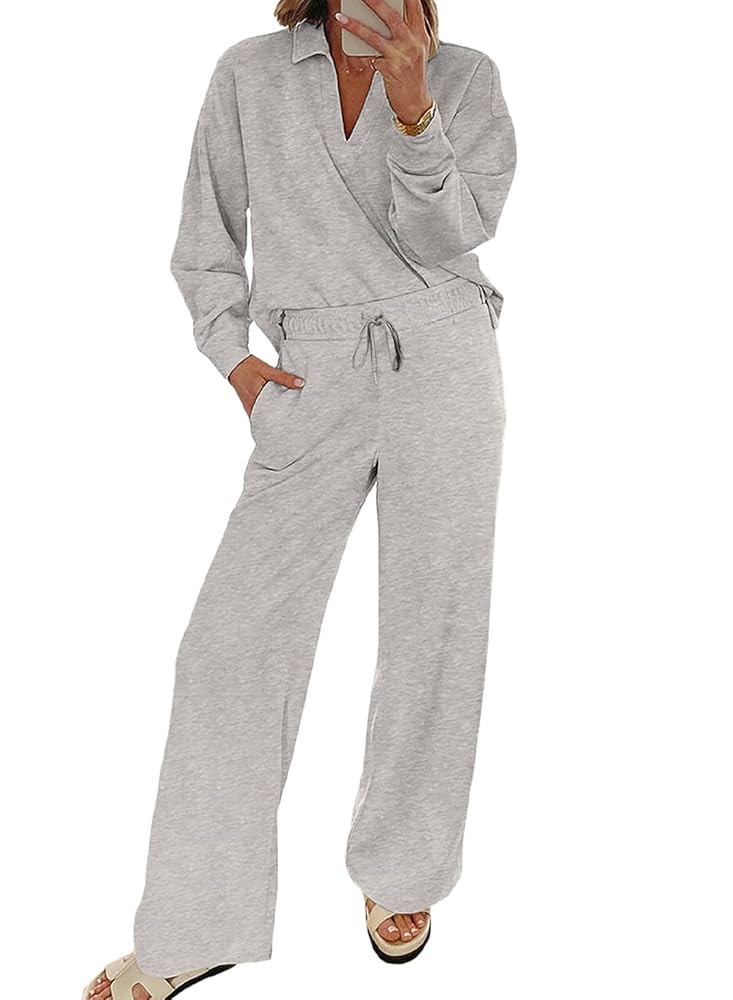EVALESS Two Piece Sets for Women Lounge Sets Casual V Neck Sweatshirt and Wide Leg Sweatpants Mat... | Amazon (US)