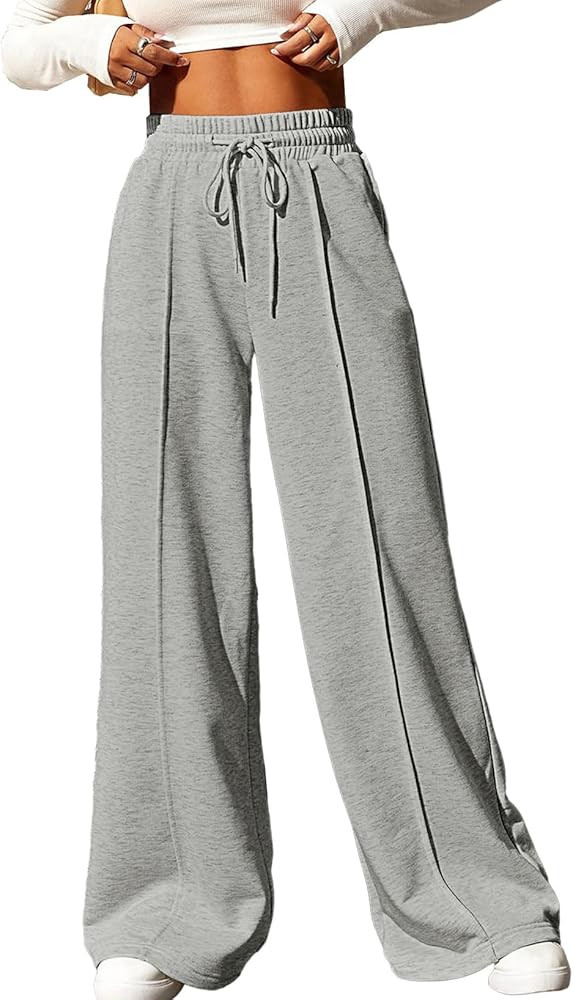 Aleumdr Women's High Waisted Drawstring Waist Wide Leg Sweatpants with Pockets Casual Loose Yoga ... | Amazon (US)