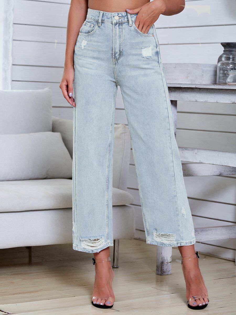 Light Wash High-Waisted Ripped Baggy Jeans | SHEIN
