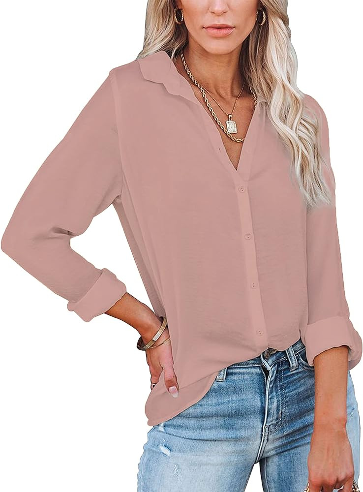 Diosun Womens Button Down V Neck Shirts Long/Short Sleeve Office Casual Business Plain Blouses To... | Amazon (US)