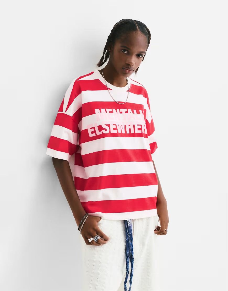 Pull&Bear Striped t-shirt with slogan in red | ASOS (Global)