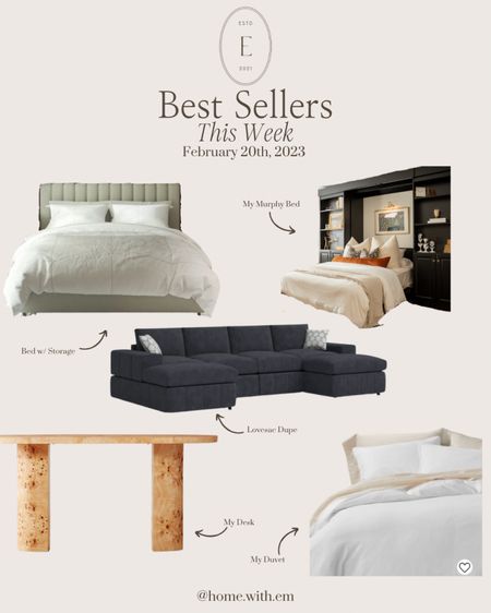 The best selling furniture pieces this week! Upholstered bed frame with storage, modular sofa, Lovesac dupe, burl wood desk, white linen duvet. You can find the Murphy bed linked in my instagram bio!

#LTKSale #LTKhome #LTKFind