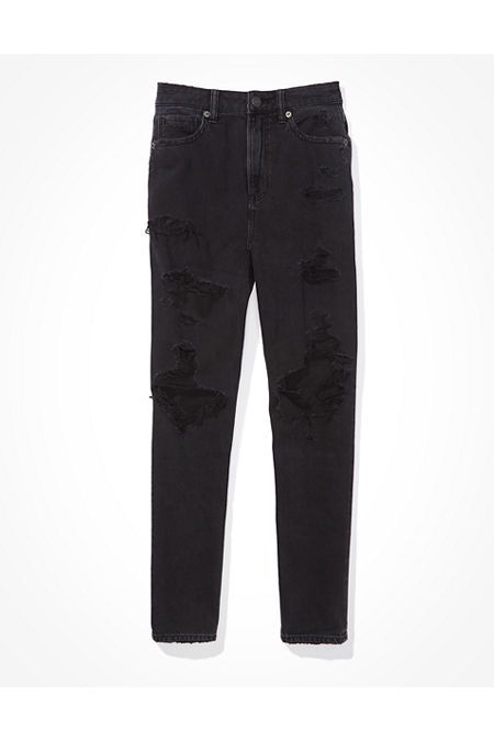 AE Mom Jean Women's Destroyed Black 2 Regular | American Eagle Outfitters (US & CA)