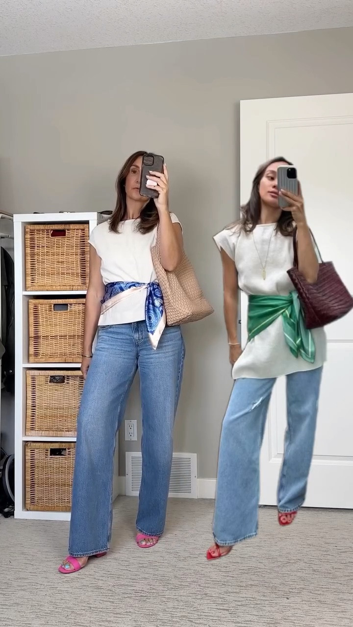 Spring Pinterest inspo! I didn’t have many of the same or even similar items but I really like how it turned out. Would have been really cute with a short dress as the top too! 
I’m 5’ 7” size 4ish wearing my usual size 27 in the jeans (32” inseam). My wash is “good grades” and contains 55% cotton, 45% lyocell (Aritzia website says 100% cotton which might be true for the other washes). Also found them on the Canadian and U.S. Levi’s websites, US site has three inseams, Canadian only 30" and it looks like the ones on the Levi’s Canada site are all 100% cotton. 
I  sized up to M in the linen top, it’s part of a set. Heeled sandals fit tts, I have them in so many colors and various heel heights, great basic! 
Also linked my scarf and bag and a few of the options I didn’t go with. 


#LTKgrwm #LTKTall #LTKootd