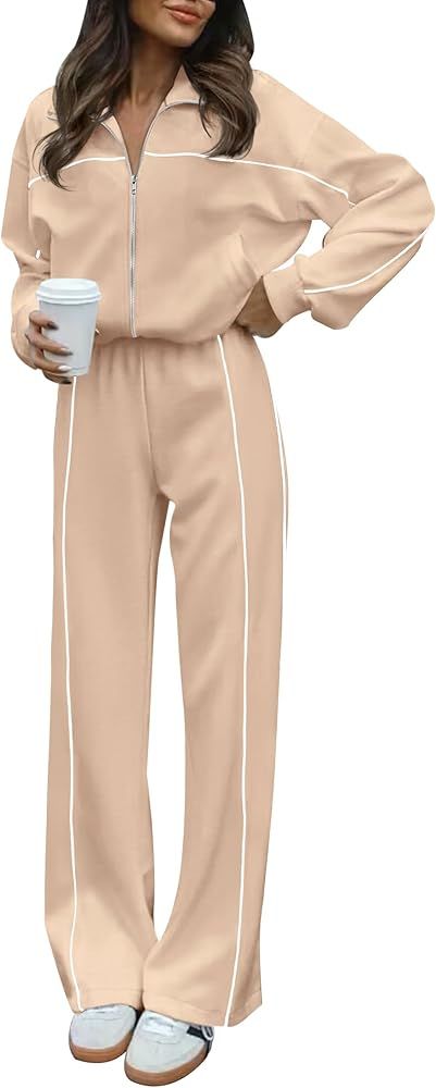 HAEOF Women 2 Piece Sweatsuit 2024 Fall Outfits Long Sleeve Zip Up Sweatshirt Jogger Pants Machti... | Amazon (US)