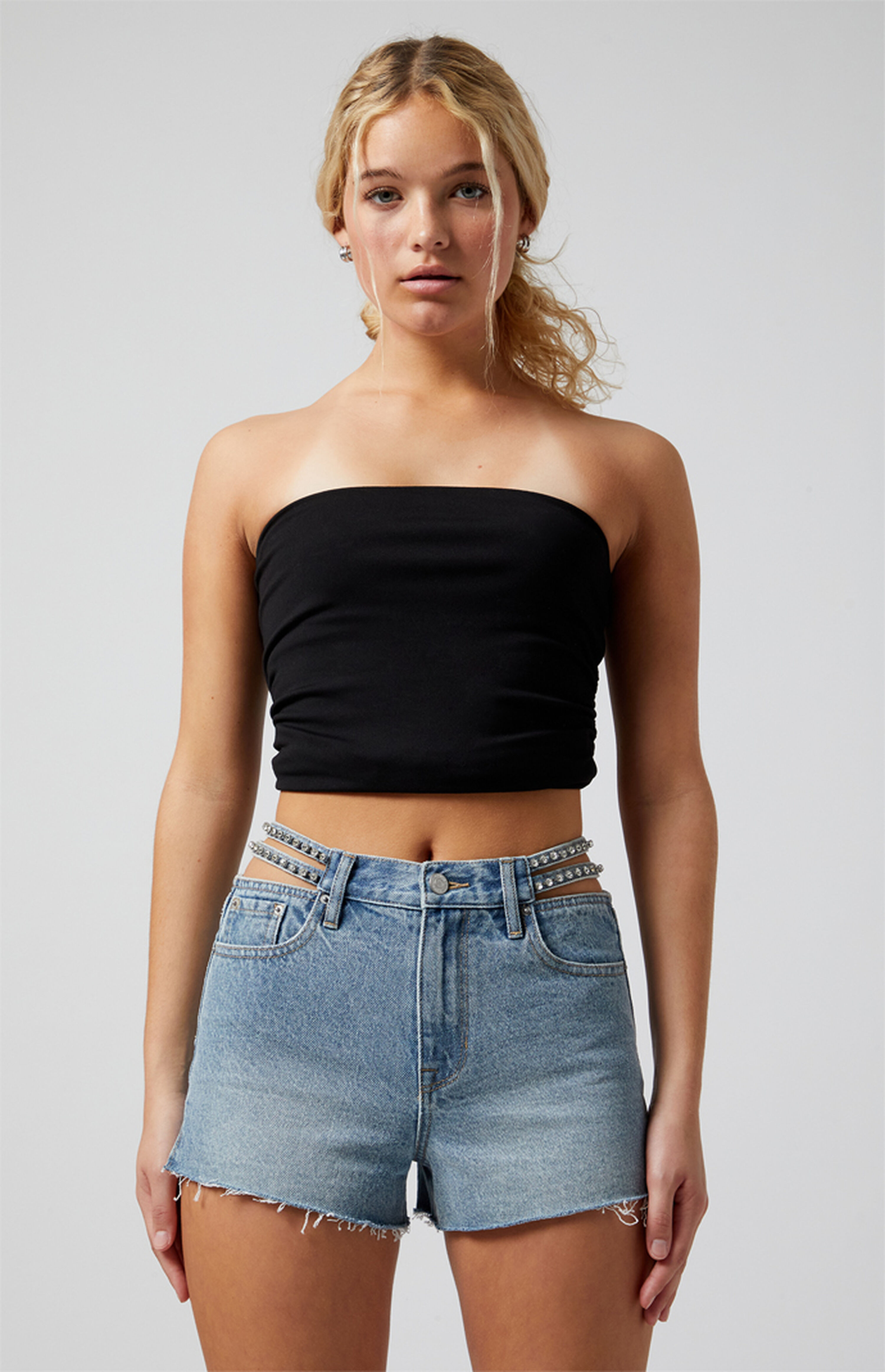 Pacsun Medium Indigo Strappy Rhinestone High Waisted Denim Festival Shorts | PacSun
