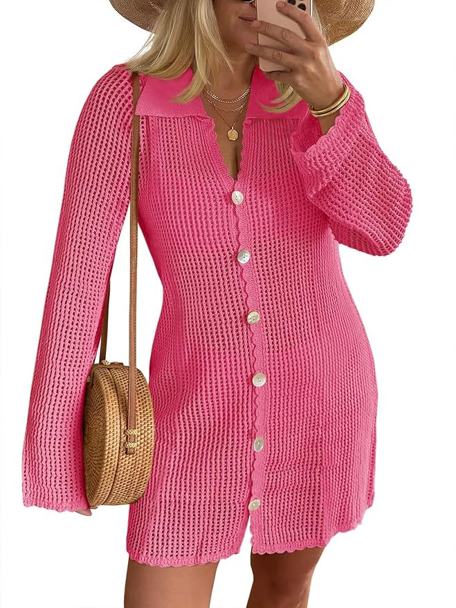 Saodimallsu Womens Crochet Swimsuit Coverup Button Down Long Sleeve Cardigan Mini Dress Beach Cov... | Amazon (US)