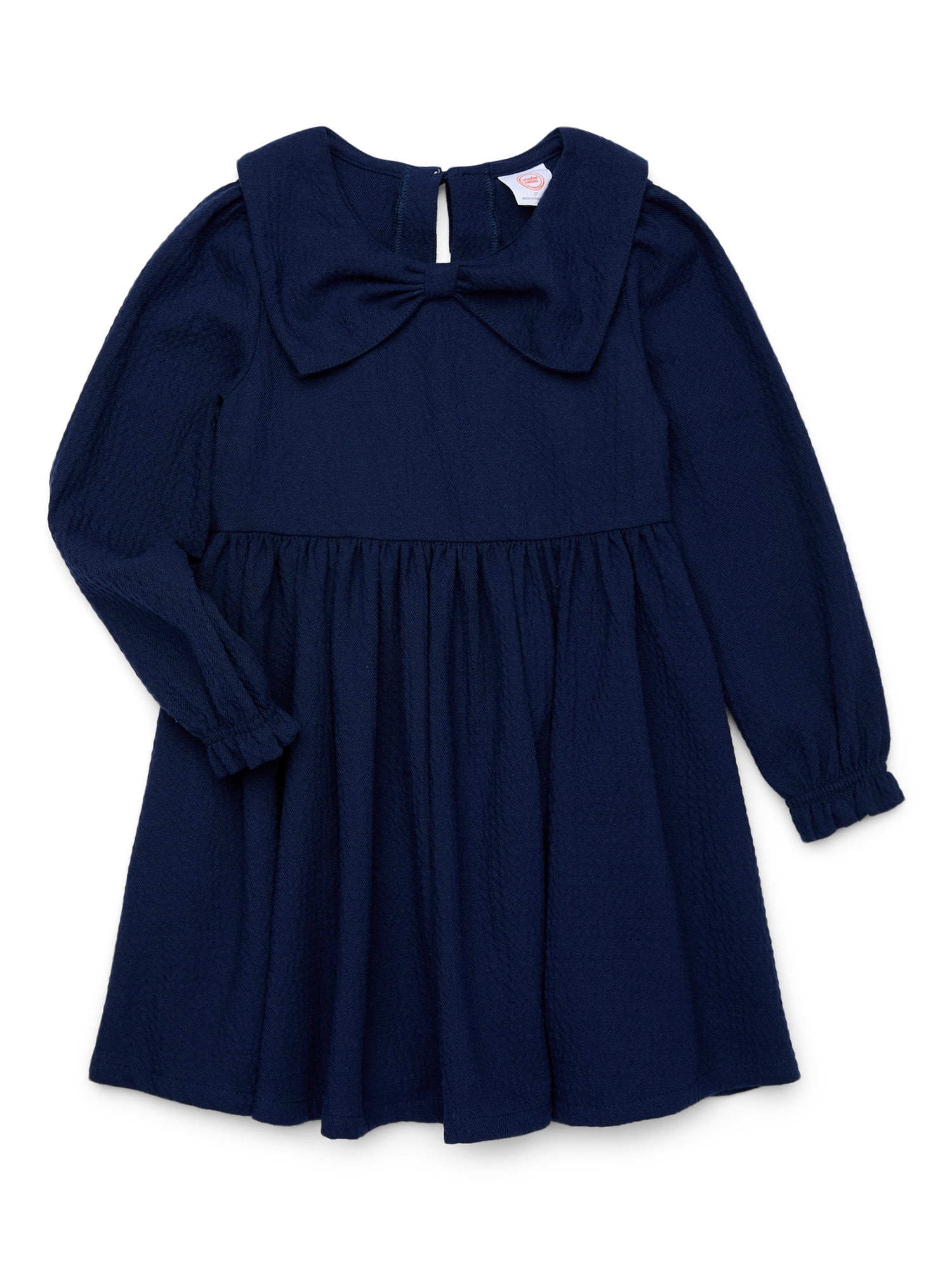 Wonder Nation Toddler Girls Puckered Bow Dress with Long Sleeves, Sizes 12M-5T | Walmart (US)