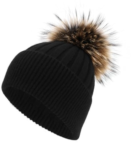 Black and Yellow Pom Pom Beanie for Women Black Winter Cashmere Ribbed Knit Cuffed Beanie Skull Cap Hat with Real Fur Pom Pom Beanie Knit Ski Hat | Amazon (US)