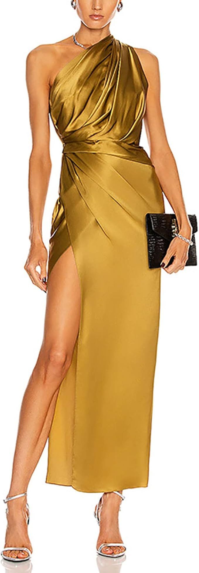 One Shoulder Dresses for Women,Summer Split Wrap Midi Dress Sexy Elegant Cocktail Dress,Solid Col... | Amazon (US)