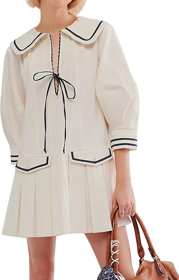 Womens Lapel Collar Pleated Mini Dress 3/4 Sleeve Bow Tie Up Open Front Mini Dresses Contrast Bin... | Amazon (US)