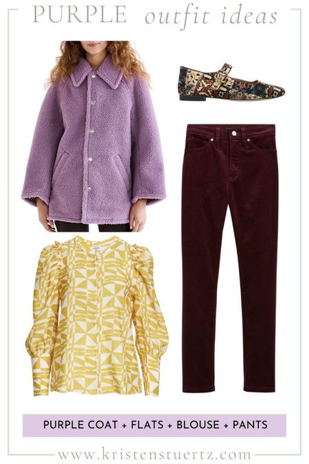 Purple look for fall and winter. Transitional outfit for fall and winter. Colorful look. Purple Sherpa jacket paired with yellow top, purple corduroy pants, and Katy Perry Mary Janes.

#LTKshoecrush #LTKSeasonal #LTKstyletip