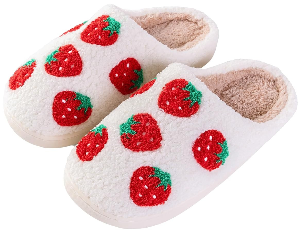 Cute Strawberry Pattern Women's Bedroom Slippers - Warm, Soft, Fuzzy, Non-Slip | Amazon (US)