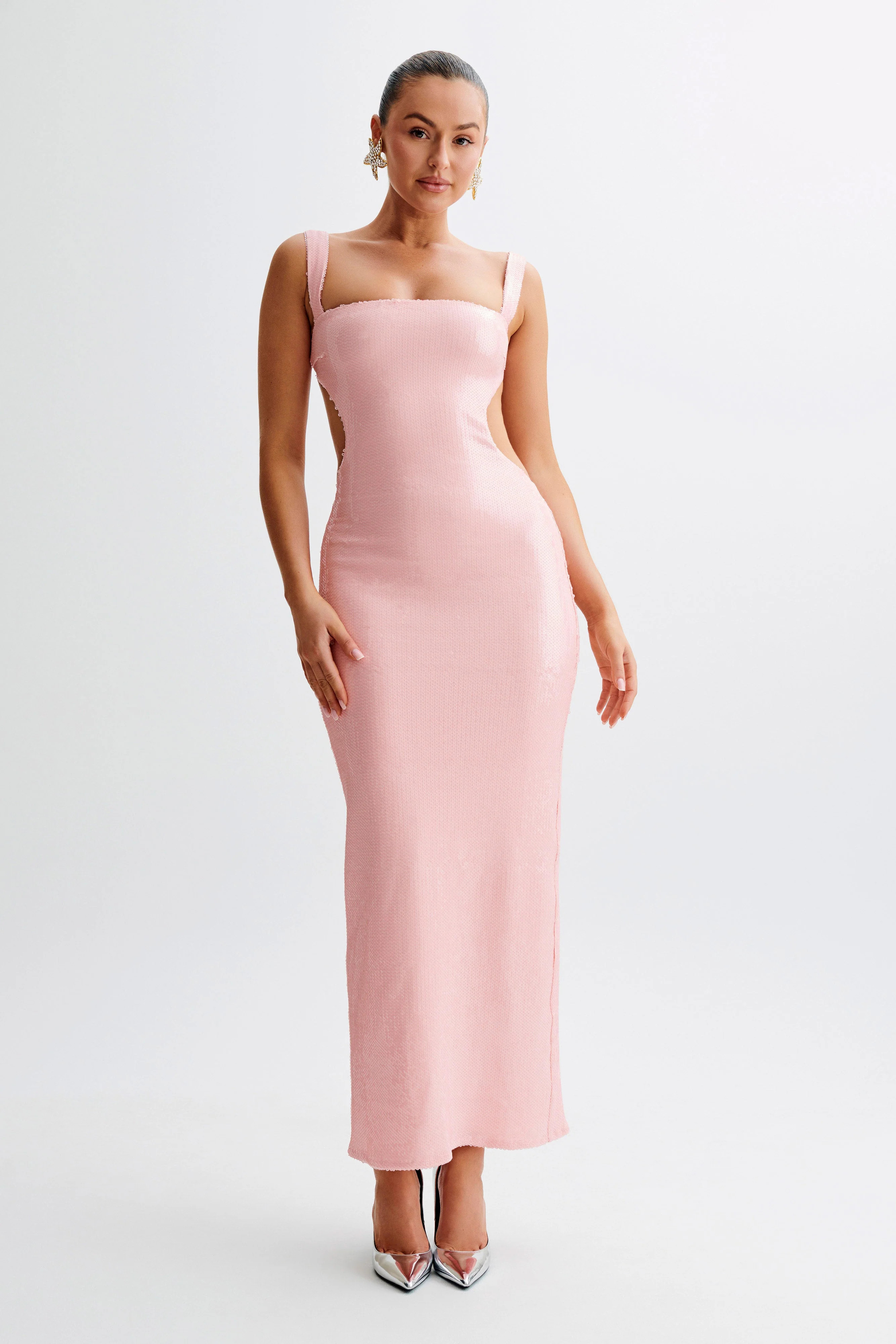 Adoria Sequin Cut Out Maxi Dress - Pale Pink | MESHKI US