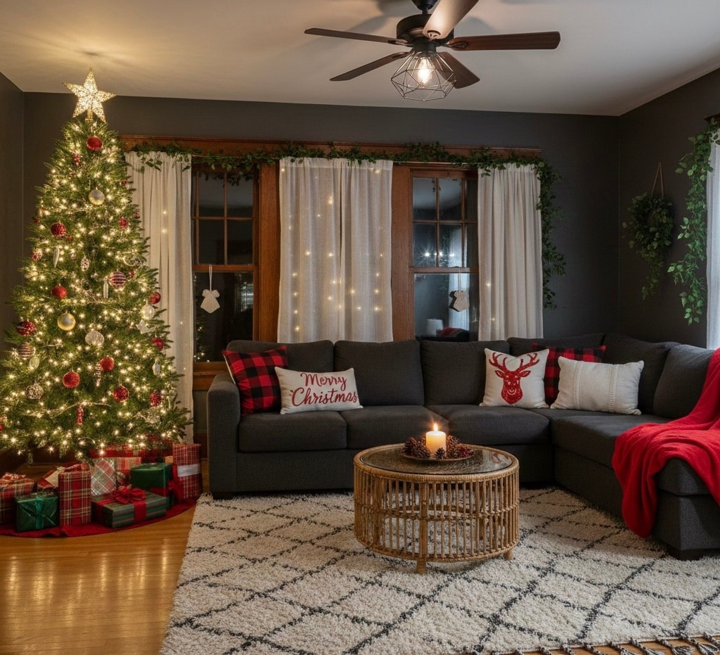 Cozy Christmas Living Room Inspo is HERE! 🎅 I’m obsessed with how this space turned out for the holidays. The dark walls and warm lights create the ultimate snuggle spot. If you're looking for moody, cozy Christmas decor ideas, this is it! ✨ I've linked all the key pieces including the gorgeous dark sectional, the dreamy twinkling string lights on the curtains, the rustic rattan coffee table, and those perfect festive pillows (hello, buffalo check and reindeer!). Don't forget the plush red throw blanket for those movie nights! Tap the link in my bio to shop the look and create your own cozy Christmas haven.

#LTKHome #LTKSeasonal #LTKHoliday