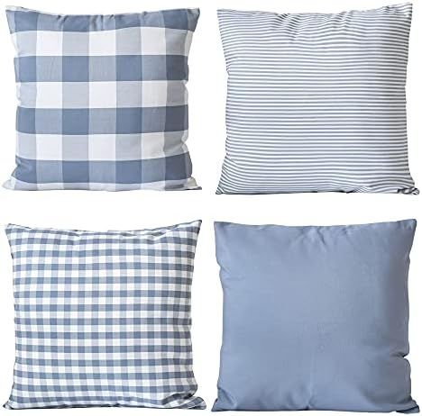 HOPLEE Light Blue Pillow Cover Cushion Cover with Buffalo Plaid, Solid Light Blue, Striped and Gingh | Amazon (US)