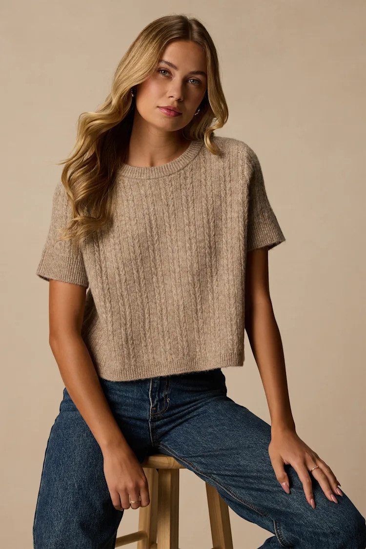 Whitman Taupe Cable Knit Short Sleeve Sweater | Lulus