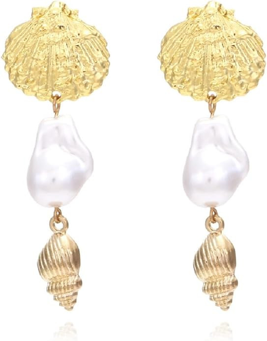 Bohemian Seashell Conch Earrings - Beach Shell Long Dangle for Women - Baroque Pearl Summer Boho ... | Amazon (US)