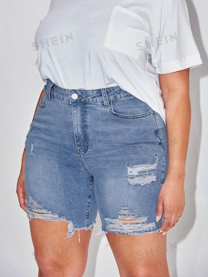 SHEIN SXY Plus Size Solid Color Ripped Denim Shorts Mom Shorts | SHEIN