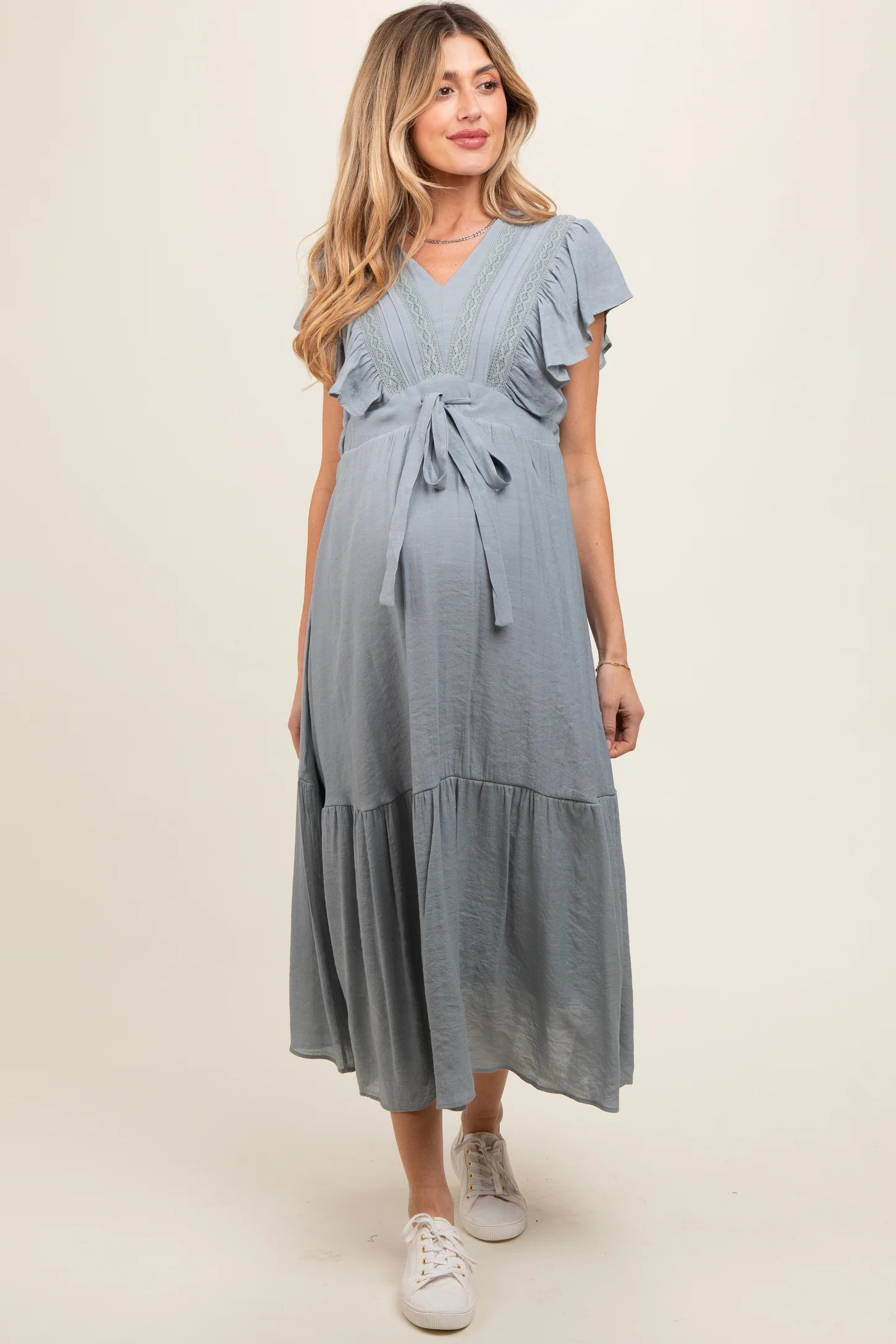 Light Blue Cuffed Sleeve Front Tie Maternity Maxi Dress | PinkBlush Maternity
