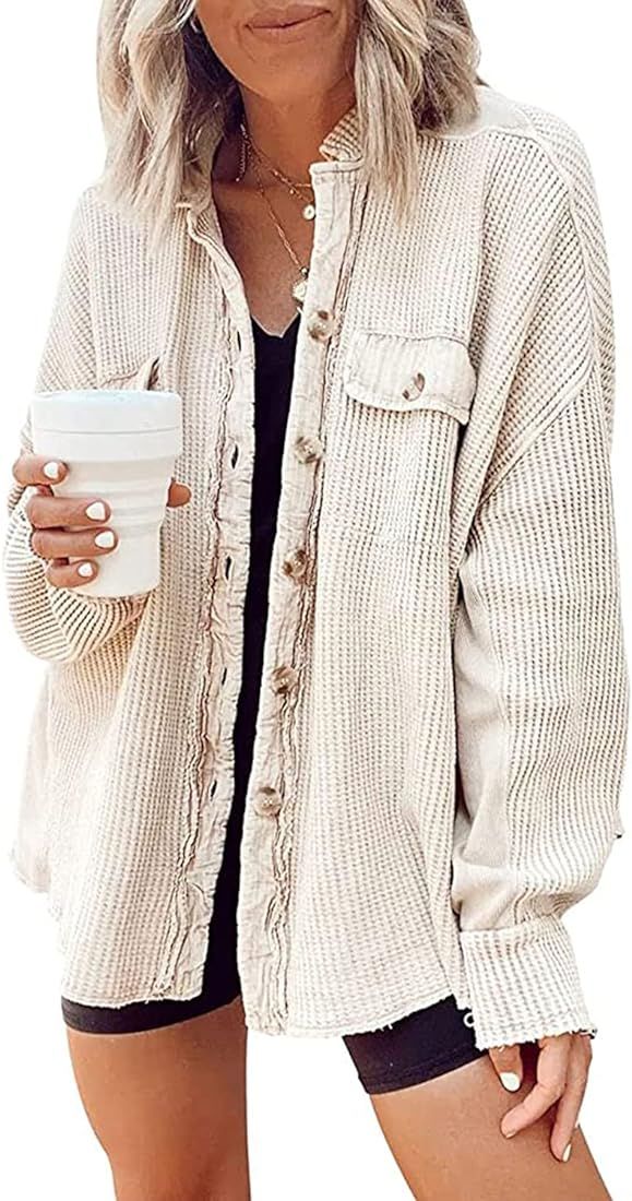 Yanekop Womens Waffle Knit Shacket Boyfriend Shirt Jacket Button Down Blouse Loose Fit Long Sleeve T | Amazon (US)