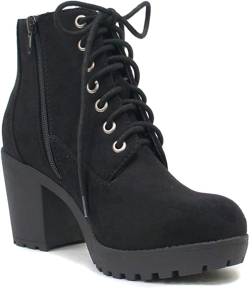 Soda Second Lug Sole Chunky Heel Combat Ankle Bootie Lace up w/Side Zipper | Amazon (US)