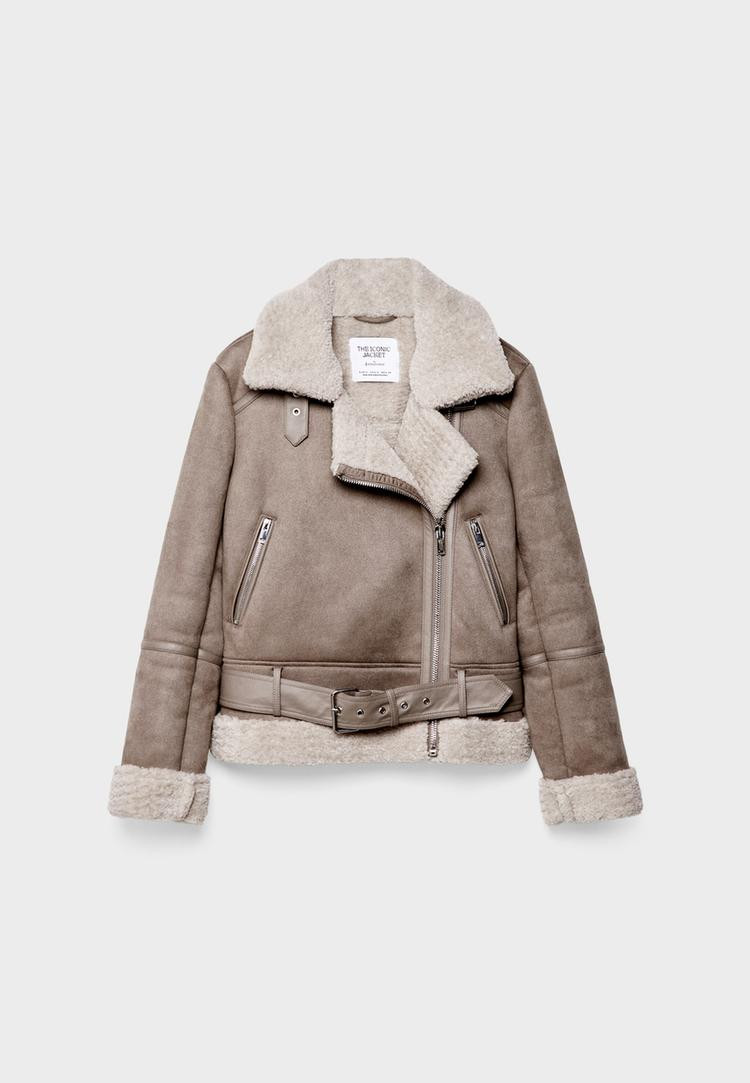 Faux suede faux shearling biker jacket - Women's Bikers | Stradivarius United Kingdom | Stradivarius (UK)