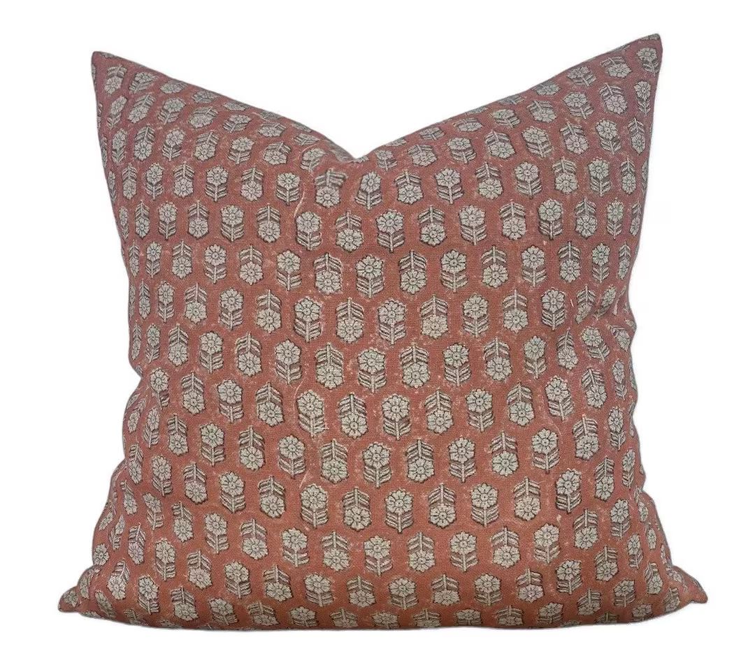 Designer Tulsi in Saffron Pillow Cover // Rust Block Print Pillow // Boho Pillow // Decorative Fl... | Etsy (US)
