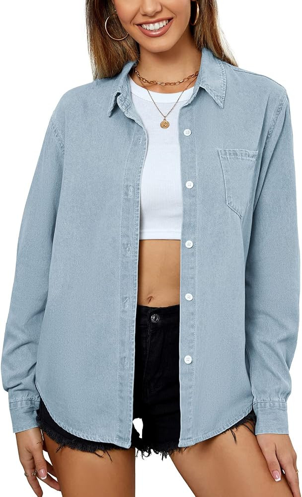 PJ PAUL JONES Women's Button Down Jean Shirt Casual Long Sleeve Classic Denim Blouse Relaxed Fit ... | Amazon (US)