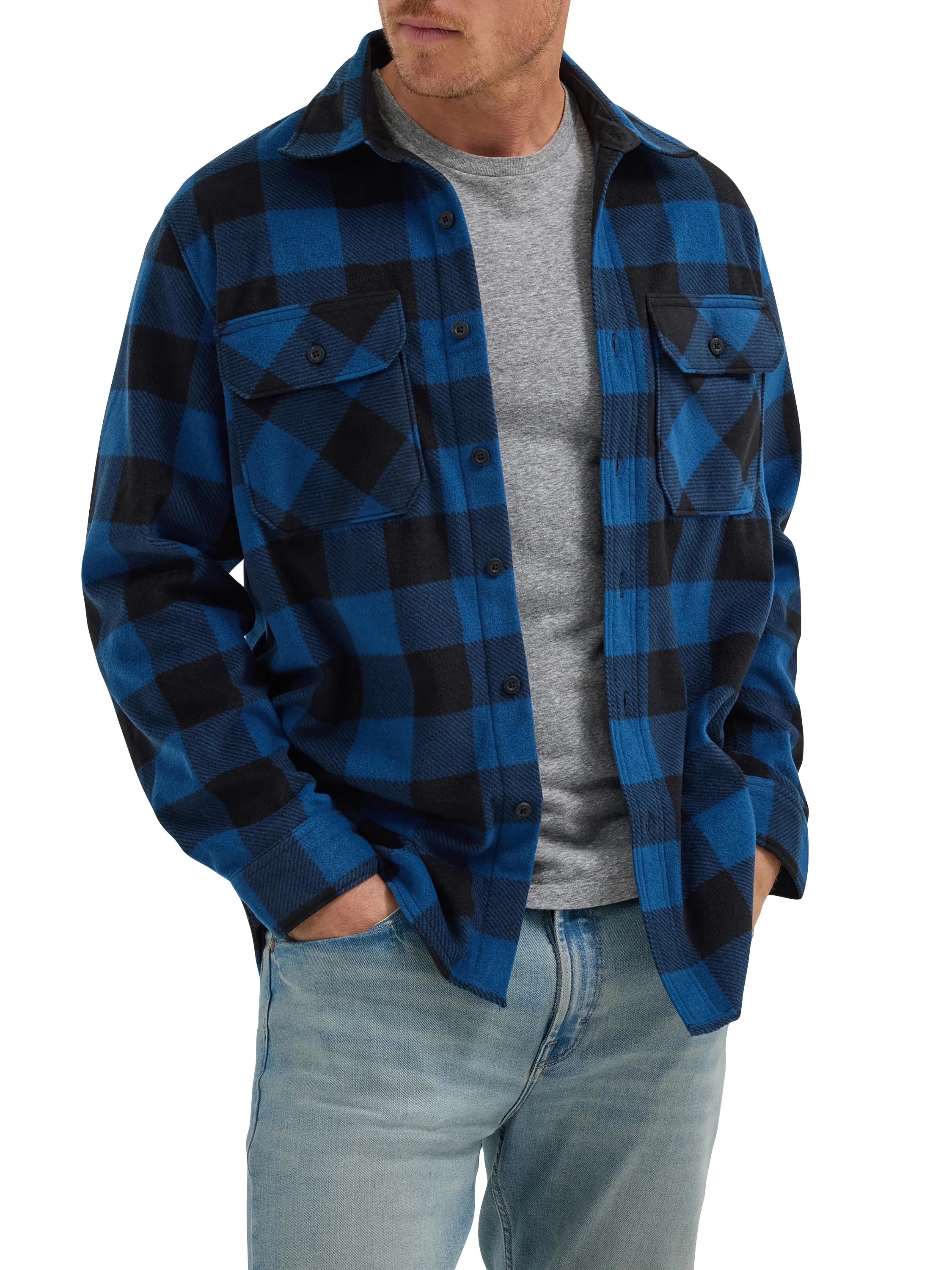 Wrangler Men's Fleece Buffalo Plaid Relaxed Fit Long Sleeve Shirt, S-3XL | Walmart (US)