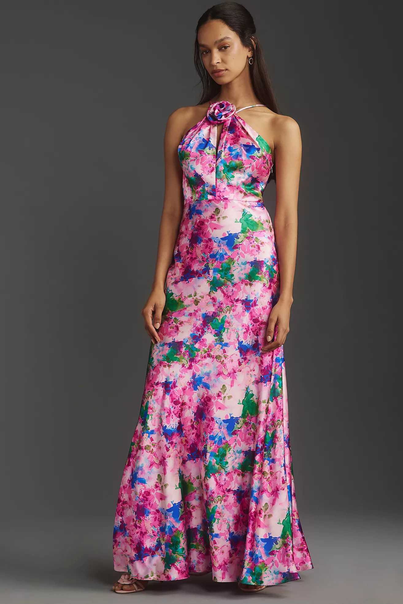 ML Monique Lhuillier Violette Satin Halter Maxi Dress | Anthropologie (US)