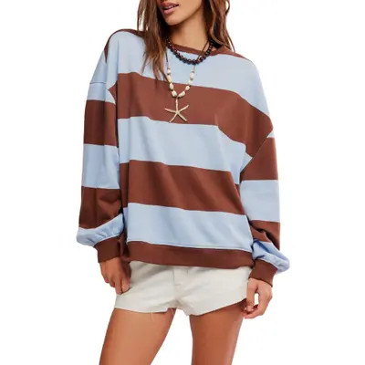 Free People Oversize Stripe Sweatshirt in Apricot Combo at Nordstrom, Size X-Large | Nordstrom
