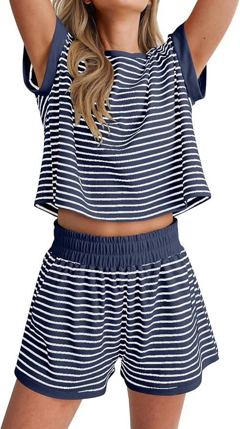 ANRABESS Womens 2 Piece Ribbed Striped Knit Pajama Set, Short Sleeve Top & Lounge Shorts, Casual ... | Amazon (US)