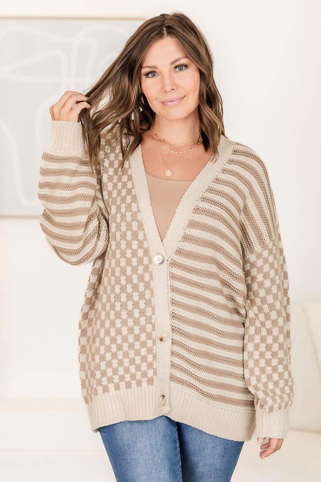 Time To Waste Beige Checkered and Striped Cardigan | Pink Lily