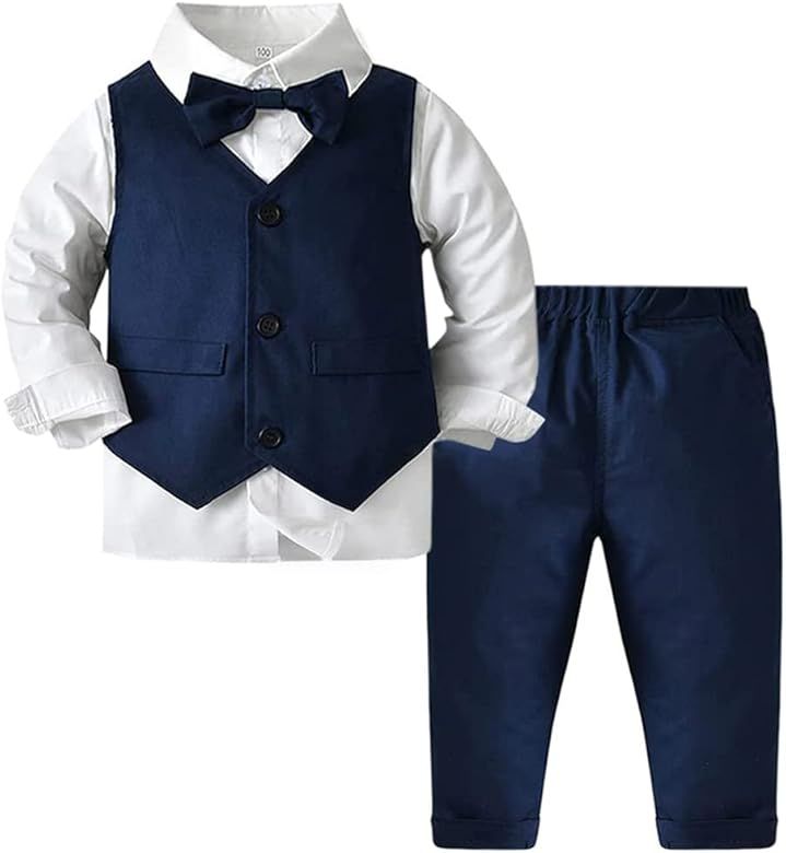 Boys 3-Piece Vest Suits Set Long Sleeve Shirts and Pants Outfits Set with Tie | Amazon (US)