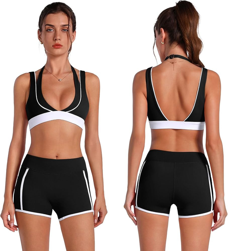 ABOCIW Womens 2 piece Workout Sets Deep V Neck Layered Sports Bra High Waist Mini Shorts with Poc... | Amazon (US)