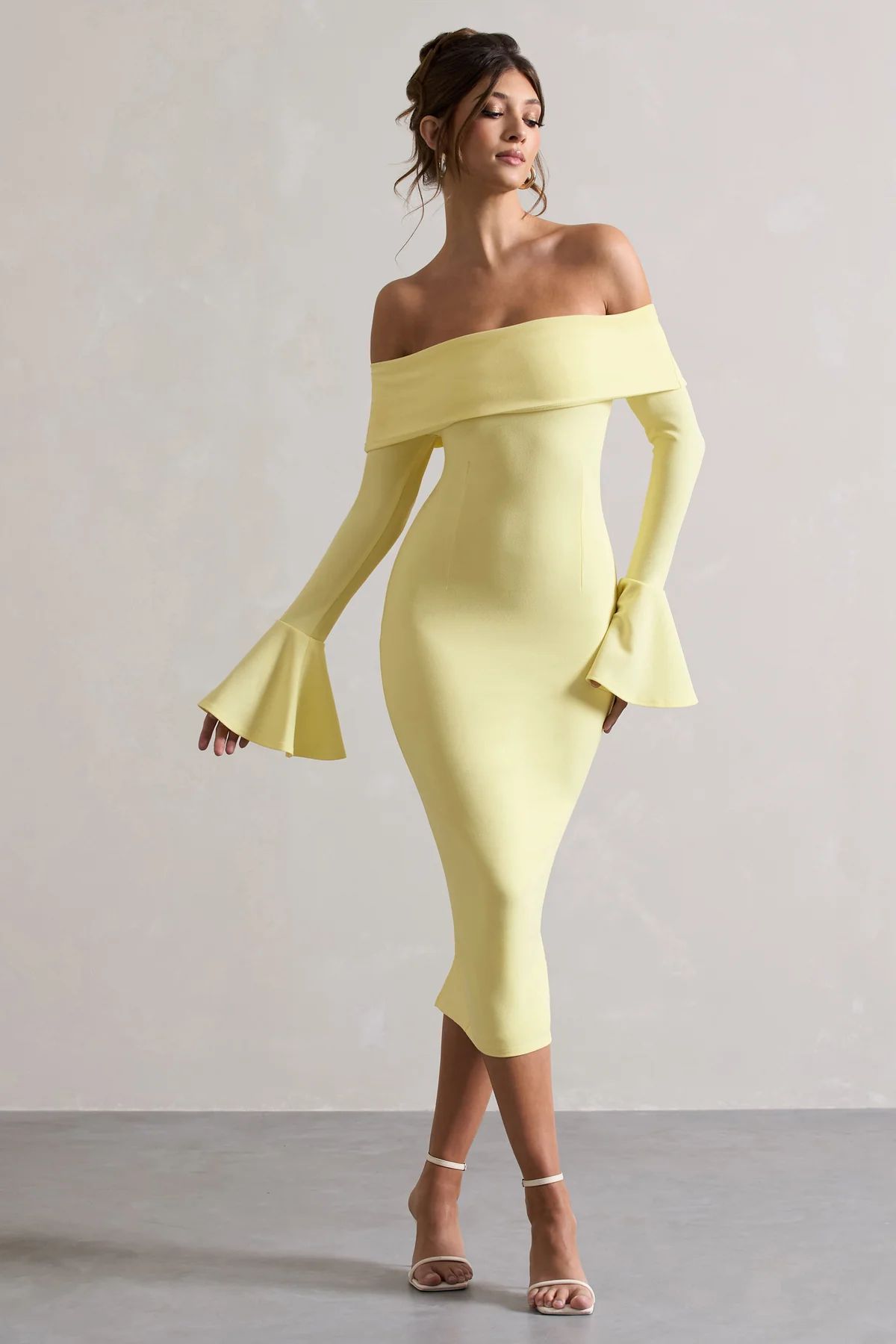 Emma | Lemon Bardot Flared-Sleeve Midi Dress | Club L London